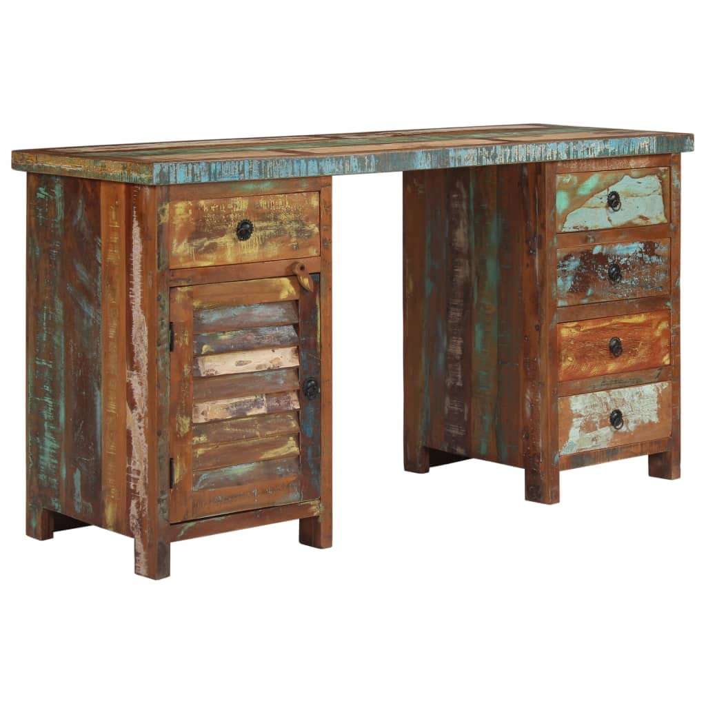 Recycelter Altholz Schreibtisch massiv 140x50x77 cm mit 5 Schubladen und 1 Schrankfach, abnehmbare Schreibtischplatte, Bürotisch für Homeoffice, Ordnung