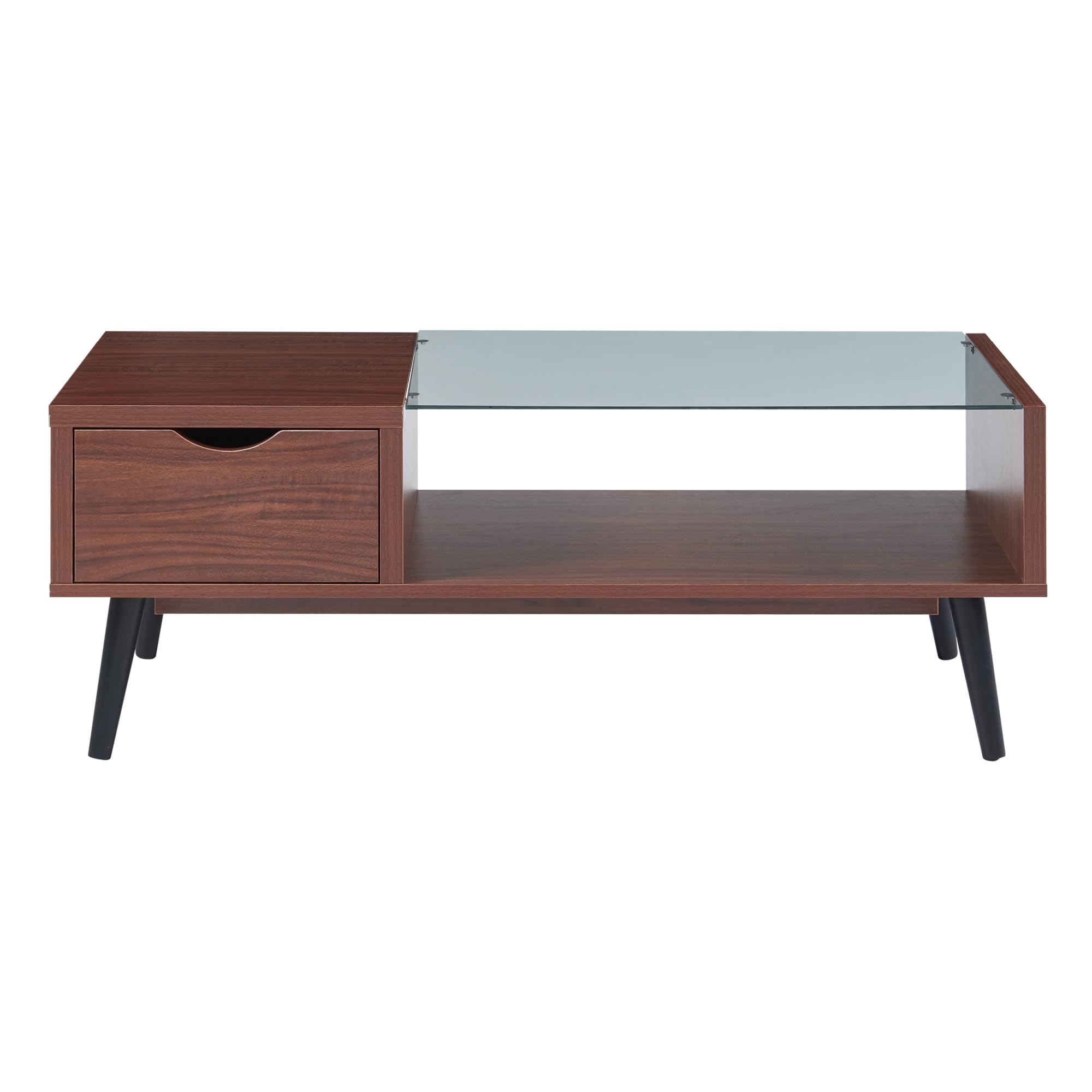 [en.casa] Couchtisch Markaryd Wohnzimmertisch mit Stauraum Walnuss-Optik Glasplatte Sofatisch mit Schublade rechteckig 110 x 50 x 40 cm