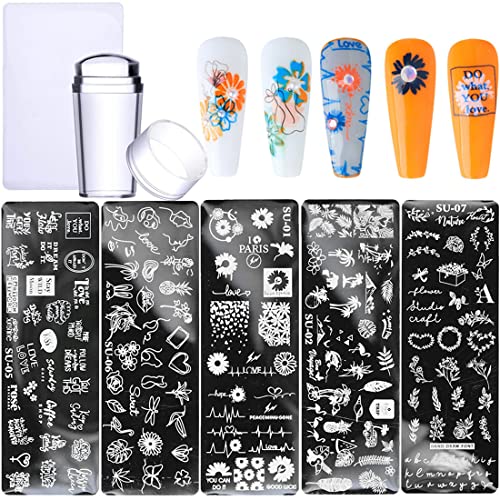 Nail Stamping Plate Set 5 PCS Nail Art Stamp Template 1 Stamper Flowers Leaves Design Nail Plate Template for Women Fashion Art Decoration Manicure Tools