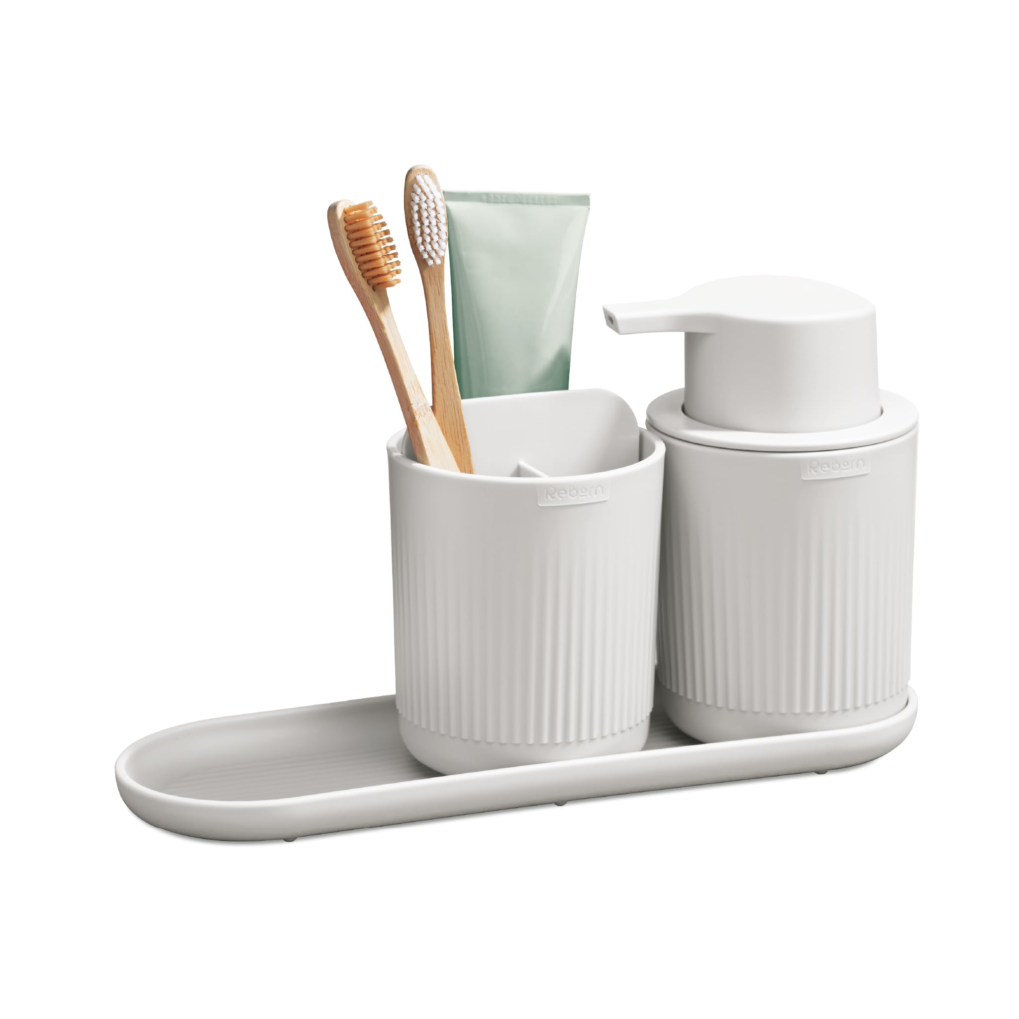 ReBorn Juego de baño reciclado, soporte para cepillo de dientes, dispensador de jabón y bandeja de baño en un paquete, fácil de limpiar con piezas extraíbles, fabricado en Gran Bretaña con materiales