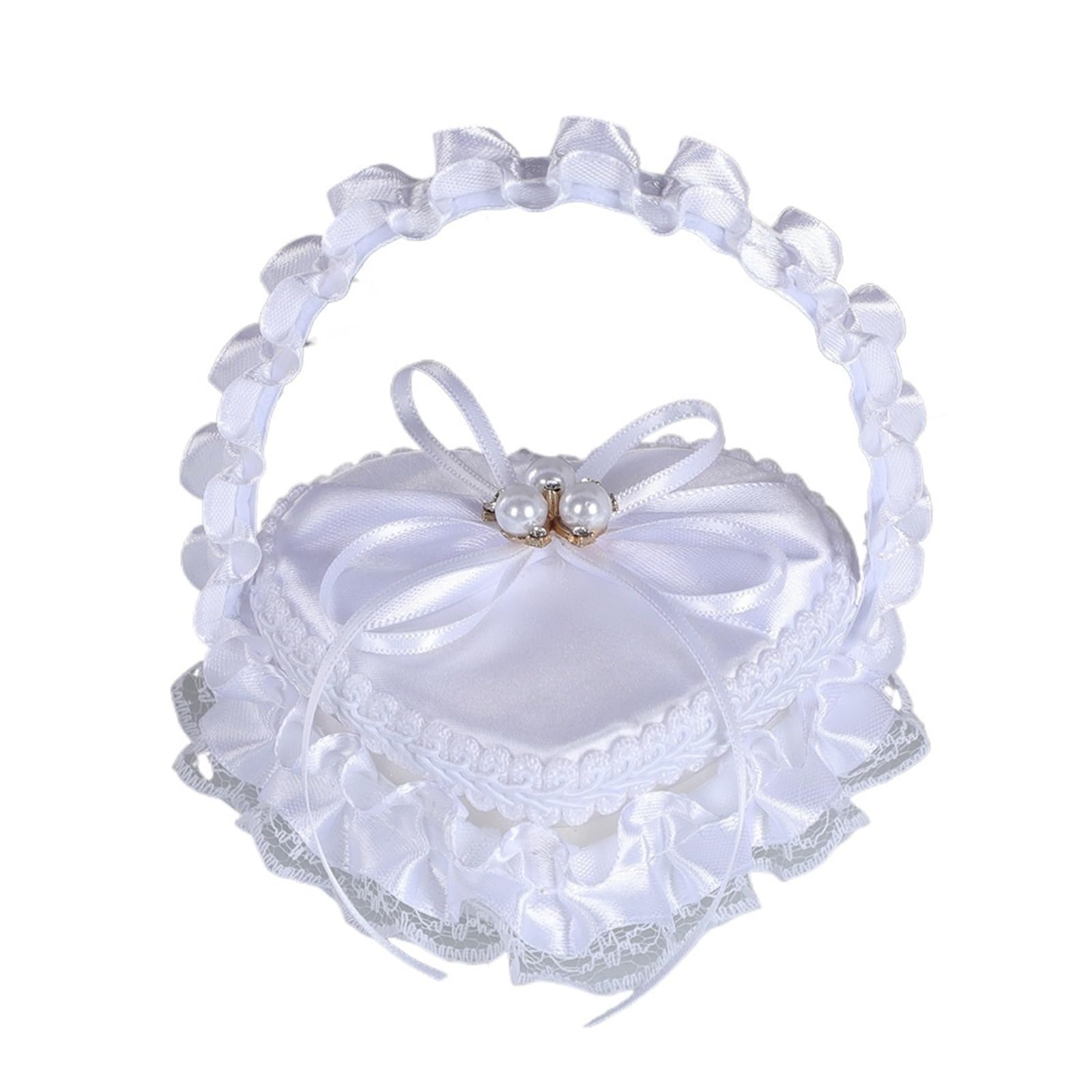 HEUchuan wedding ring cushion White Satin Heart Wedding Ring Pillow Basket with Pearl Lace Bow Bearer Holder for Bridal Ceremony Engagement Shower