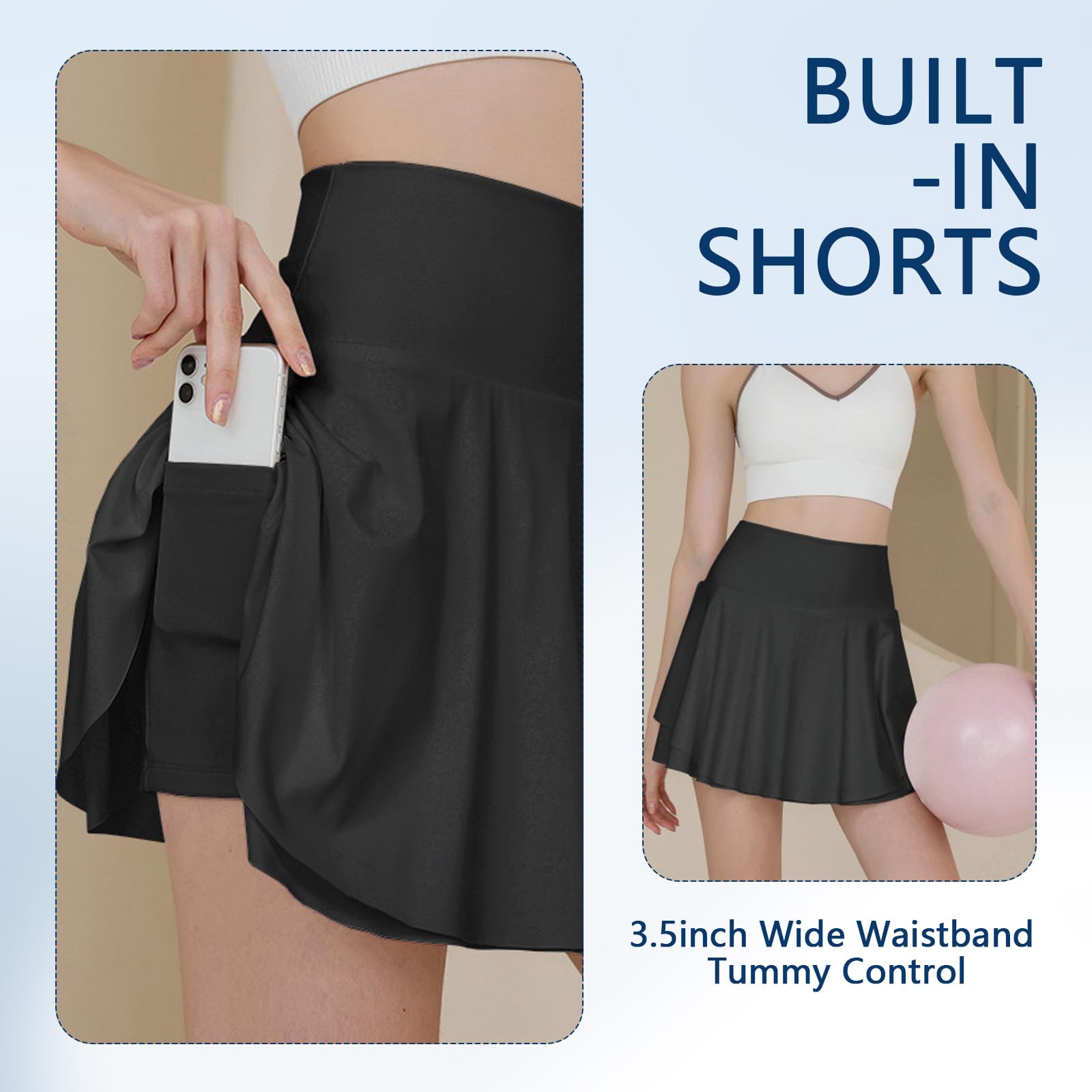 Rock mit Hose Drunter Tennis Sportrock Damen V Bund Hohe Taille Rock Damen Plissiert Tennisrock Geeignet für Golf Tennis Volleyball Laufen Fitnessstudio (Schwarz,M)