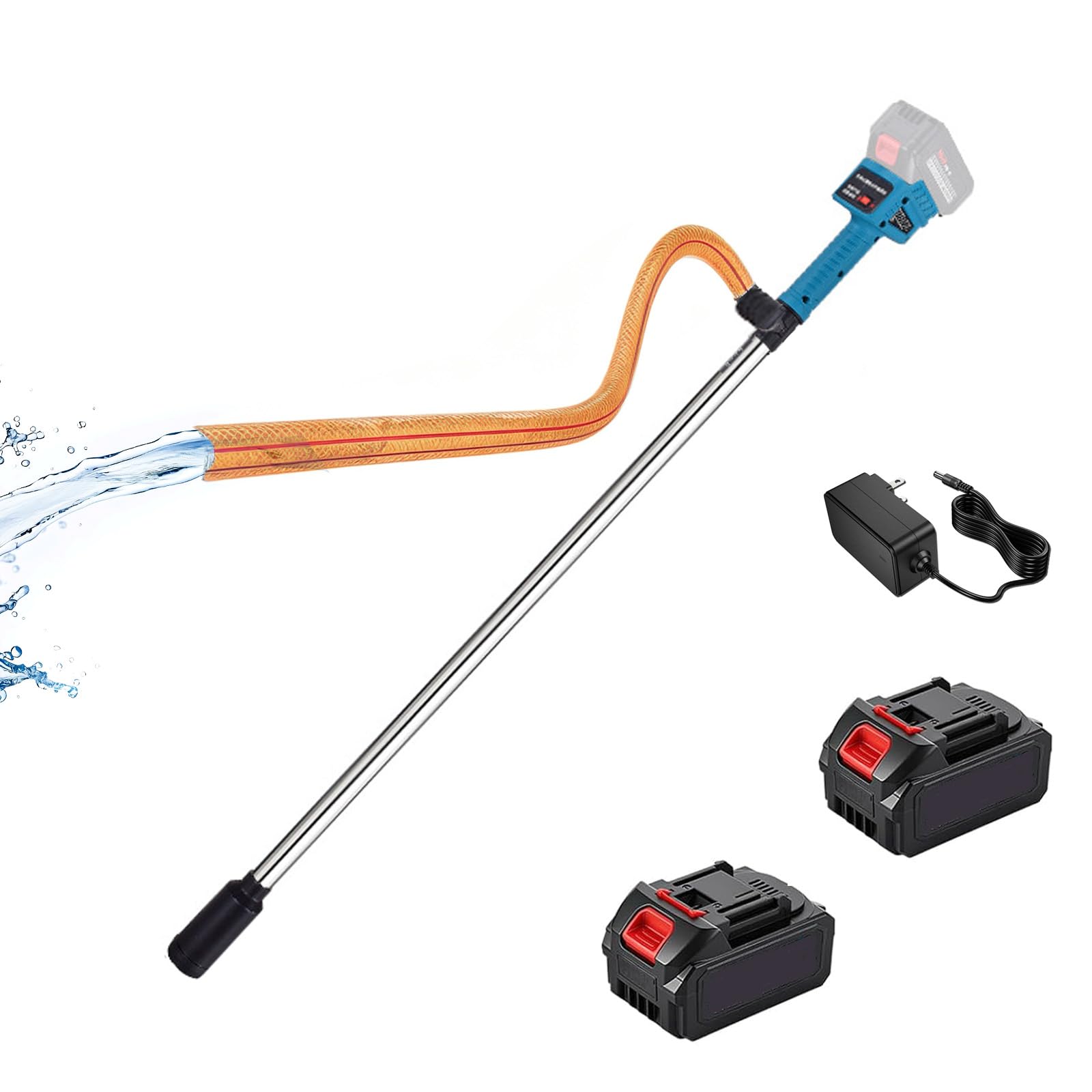 Akku Regenfasspumpe, Kabellose Regenfasspumpe Elektrisch mit 2×1500mAh Akku & 8 m Wasserrohr, max.Fördermenge 3000 L/h, 3-stufiger Durchfluss, Akku Stab-Wasserpumpe für Garten, Pool, Teich, Boot