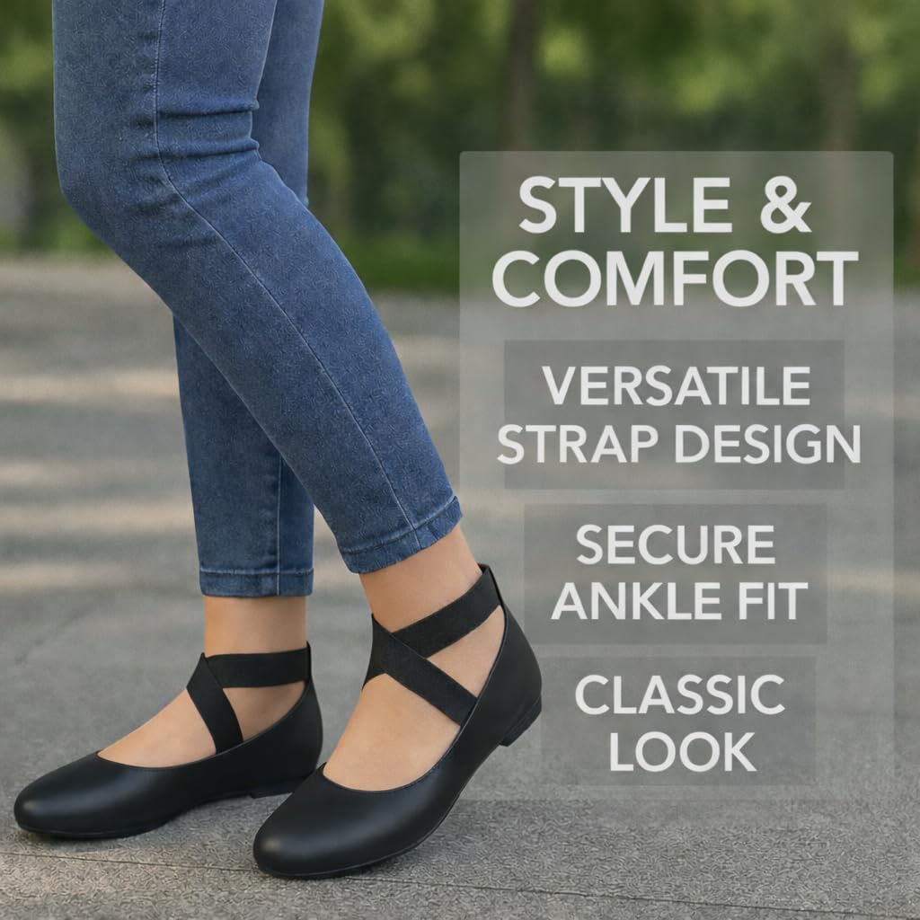 EMMA NEW YORK Ankle Strap Flats for Women, Women Flat Ballerina Shoes, Women's Ballet Flats with Strap (Pu Black, 8)