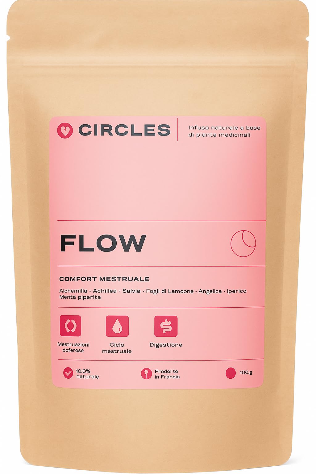 Circles FLOW Tisana Ciclo Mestruale Donna - Sollievo Dolori Flusso Regolare Benessere Ormonale - Lampone Achillea Ibisco Menta Salvia - 100% Naturale Vegan 60g 1 Mese Made in France