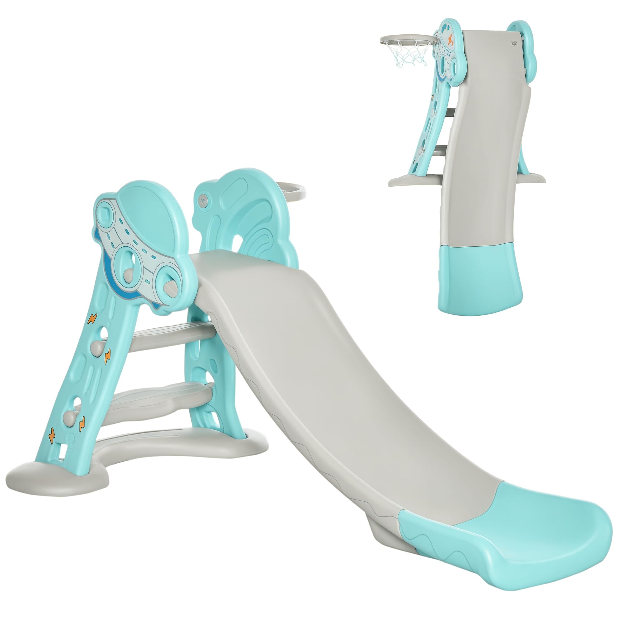 HOMCOM Scivolo per Bambini da 18 Mesi Pieghevole con 3 Scalini e Canestro Basket, Scivolo da Interno ed Esterno, 140x87x75cm, Blu e Grigio