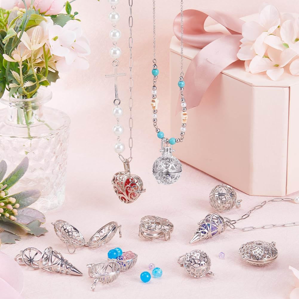 SUNNYCLUE 10Pcs Cage Charms Chime Ball Brass Locket Crystal Necklace Holders Knot Cone Shaped Pendants Openable Love Heart Large Pendant for Jewellery Making - Image 4