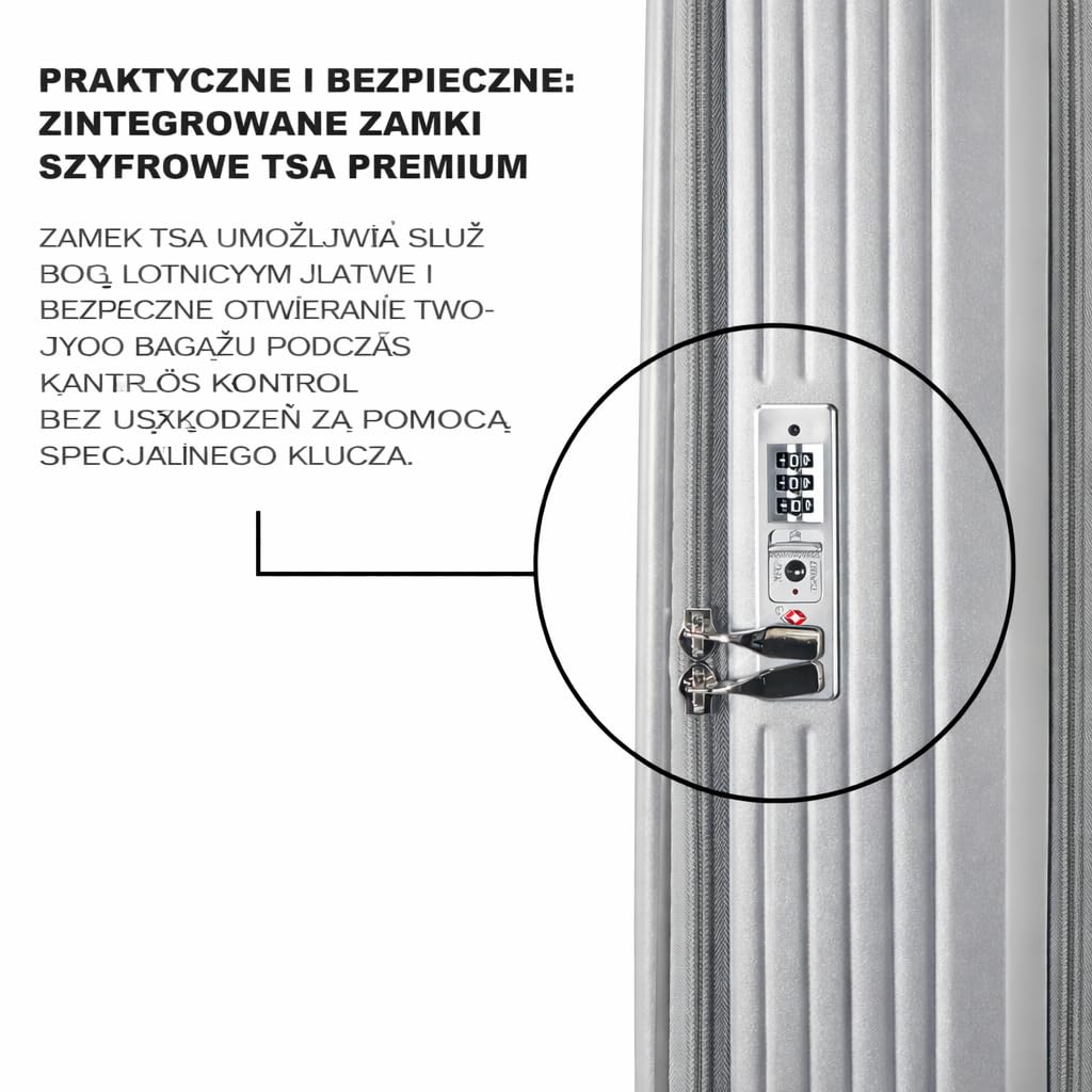Zestaw 3 walizek z twardego poliwęglanu, specjalny system otwierania z przodu z przegródką organizera, możliwość rozszerzenia, 51 61 71 cm, zamek szyfrowy TSA, podwójne kółka 360 stopni, srebro