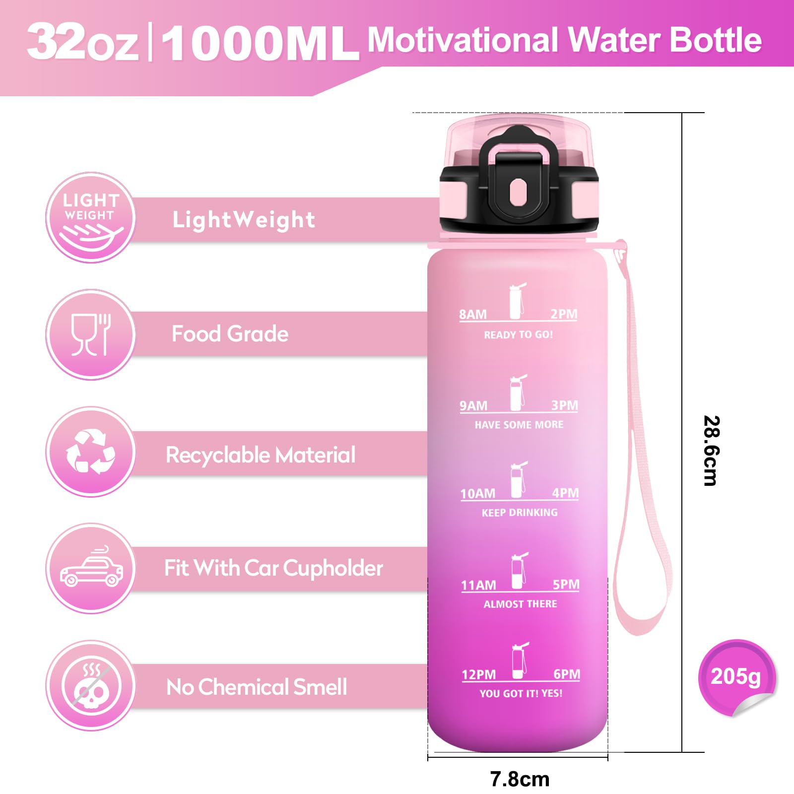 Borraccia 1L, Bottiglia con Indicatore del Tempo Motivazionale, Bottiglia con Cannuccia, Riutilizzabile, senza BPA, A Prova di Perdite, per Fitness, Scuola, Ufficio, Ciclismo, Alpinismo, Yoga