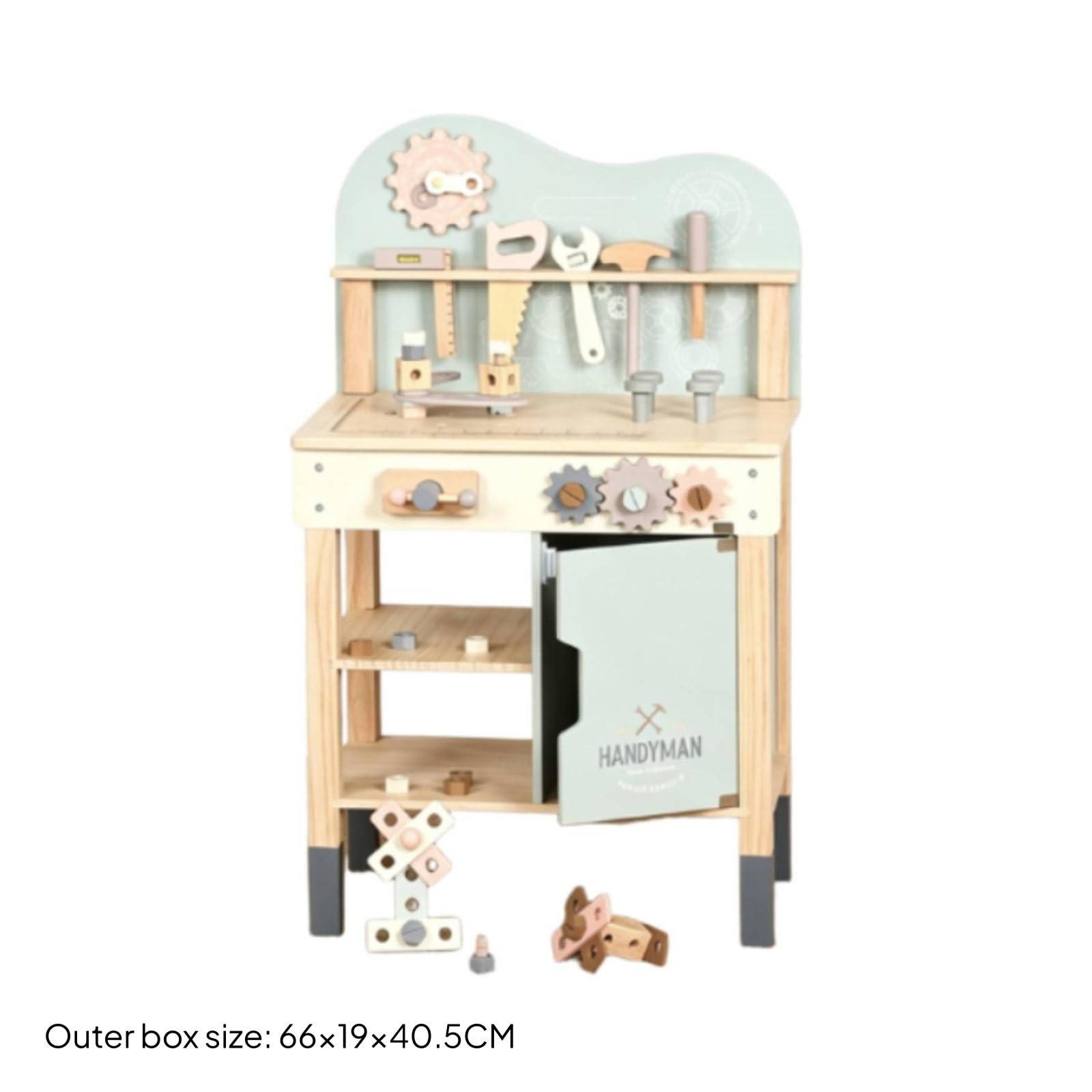 Herramientas de Juguete para Niños con Banco de Trabajo de Madera con Tornillos Engranajes y Llave para Fomentar la Resolución de Problemas en Interiores, Azul Brumoso