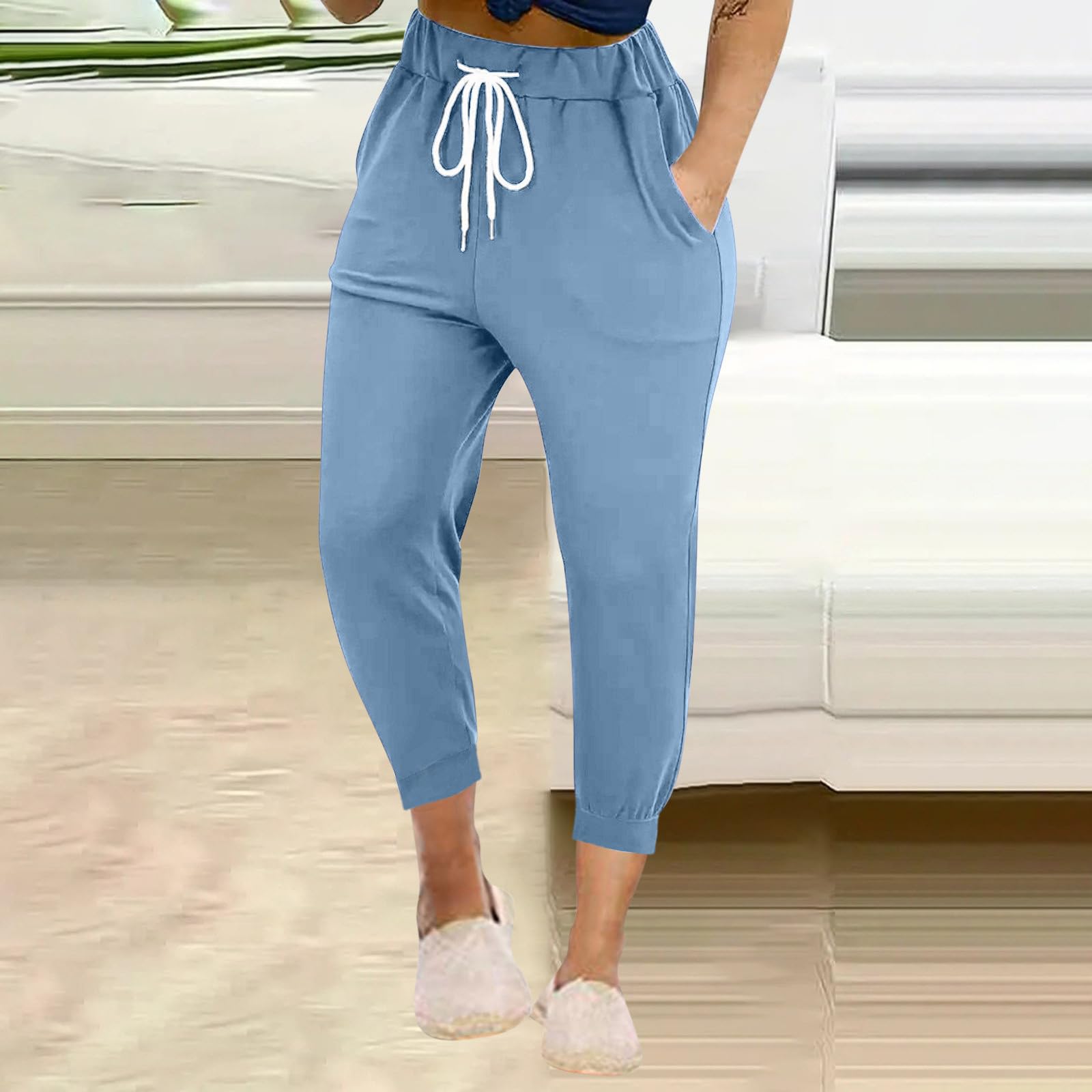 Casual Cropped Pants for Women Casual Loose Straight Leg Pant Solid Drawstring High Waist Athletic Pants with Pockets Sky Blue