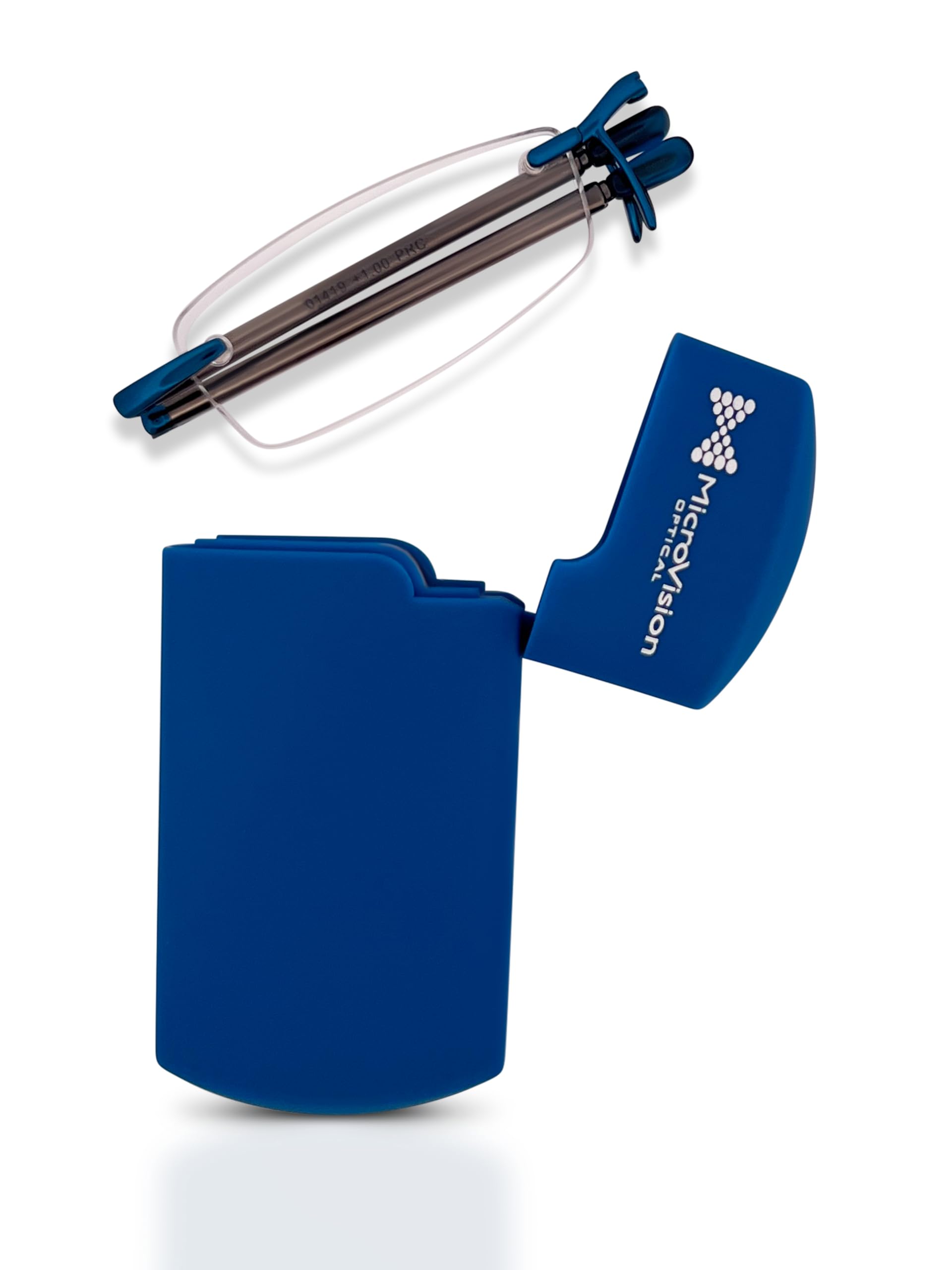 Executive Rimless Folding Reading Glasses With Compact Case For Women and Men, Slim, Lightweight Portable, Blue, +2.50