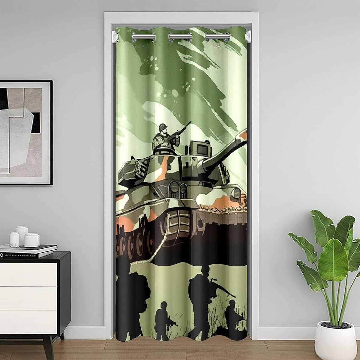 jejeloiu Tank Door Curtain for Doorway Privacy 52x84 Inch 1 Panel Kids American Army Closet Cover Boys Girls Teens Military Equipment Room Divider Curtain Washable Soldier Bedroom Living Room Decor