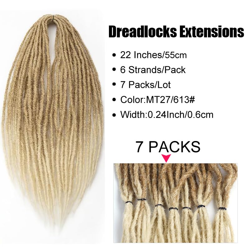 Supernova Hair 7 Packs Dreadlocks Extensions Ombre Blonde MT27/613# 22 Inch 6 Strands/Pack Handmade Dreadlock Crochet Hair Synthetic Fiber Hair Locs Crochet Hair for Women (22inch,7 Packs)