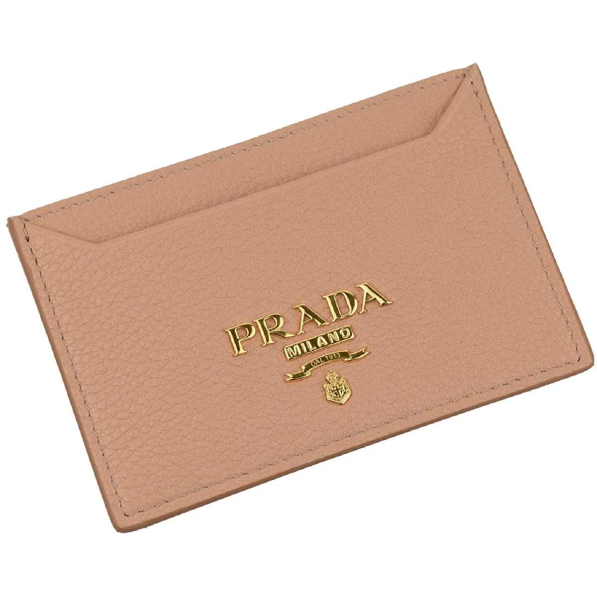 Prada Cipria Beige Vitello Grain Leather Card Holder with Gold Logo Two Card Slots Middle Pocket Made in