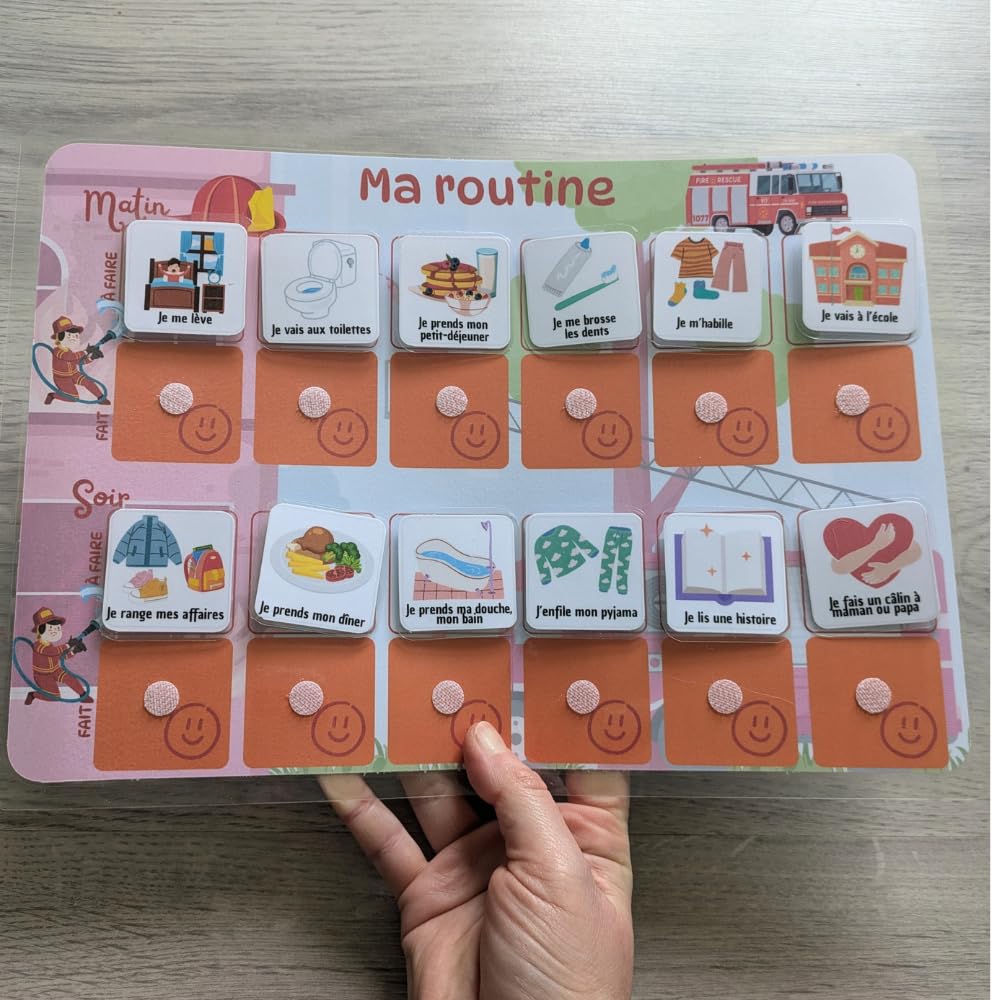 Tableau Routine Enfant Camion de Pompier – Planning Visuel Matin et Soir – Autonomie Enfant – 30 Étiquettes Activités du Quotidien