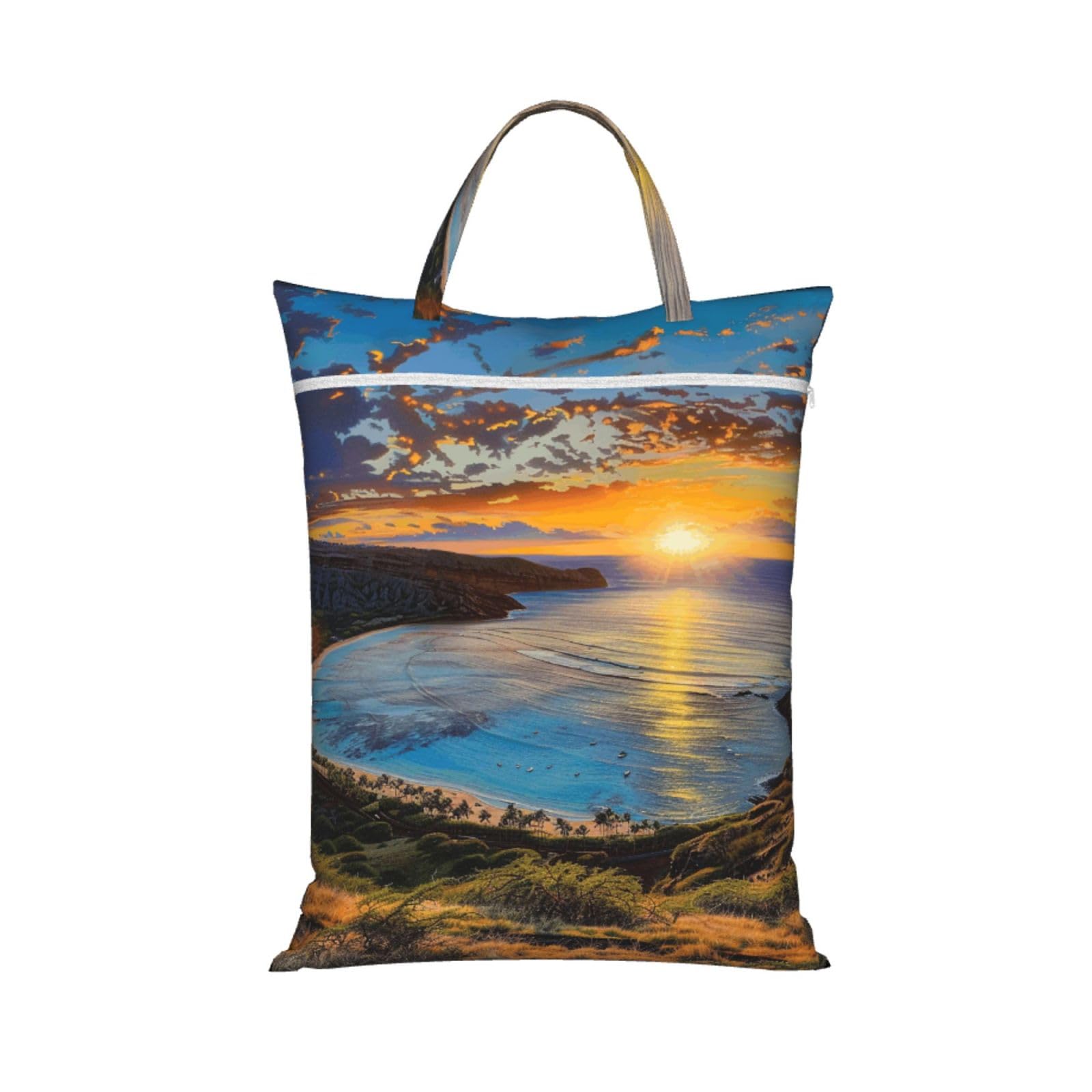 Large Travel Laundry Bags,Sunrise Over Hanauma Bay Oahu Hawaii Print with Handle Foldable Laundry Bag for Holidays Gym Swimming and Family Trips, 1Pcs