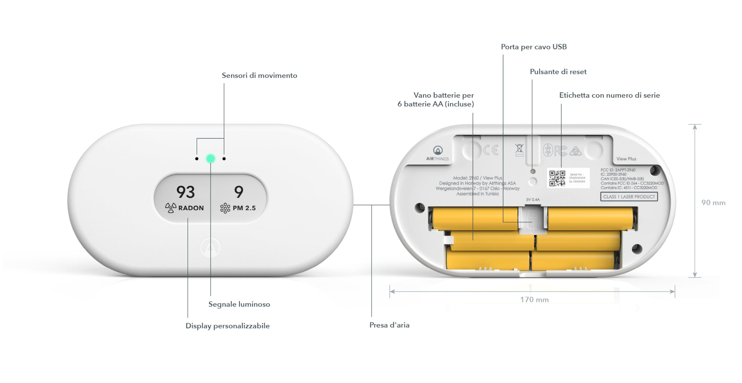 Airthings 2960 View Plus monitor per il radon e la qualità dell'aria con rilevatore di PM2,5, CO2, COV, umidità e temperatura, APP mobile, Wi-Fi, notifiche