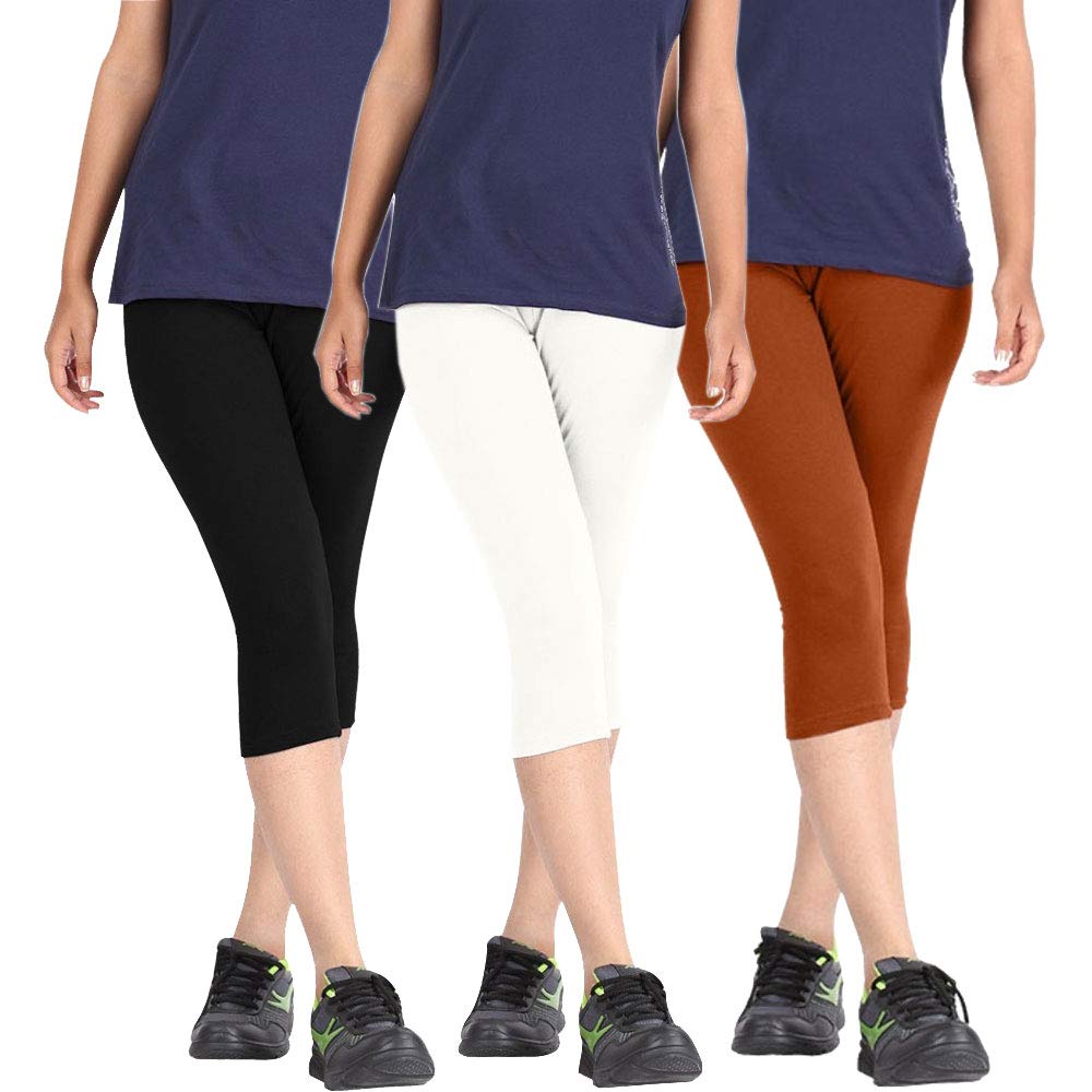 pixie fashion Biowashed Cotton Stretchable Capri Leggings Combo Pack of 3 for Women/Girls (Black, White and Brown) - Free Size-picture-14