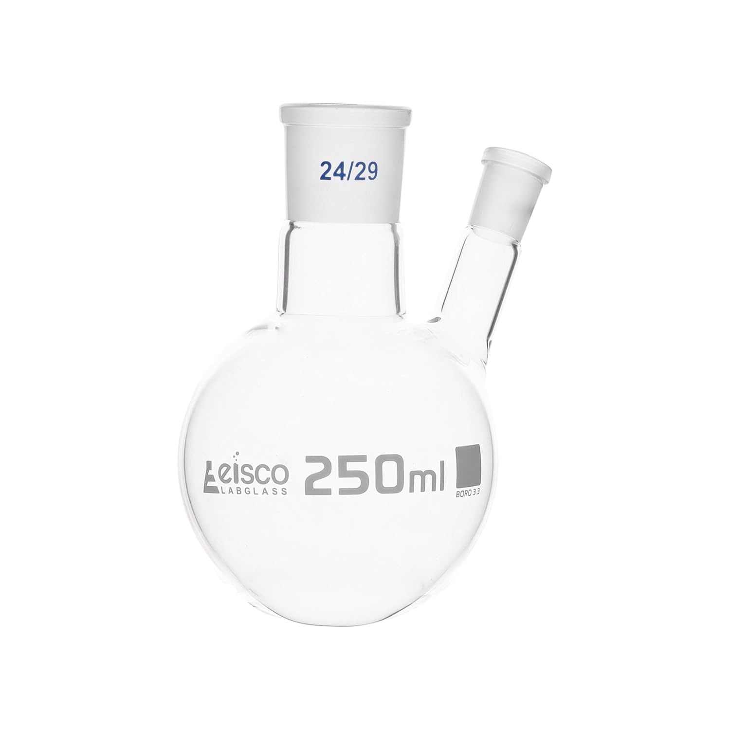 EISCO Distilling Flask, 250ml - 24/29 Oblique Neck with 19/26 Joint - Borosilicate Glass - Round Bottom