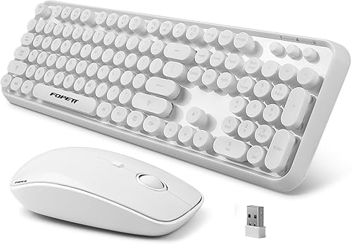 Miniatura 15 de FOPETT Combo de teclado y mouse inalámbricos - Teclado retro colorido lindo de tamaño completo de 2.4G con teclas redondas de 104 teclas, teclado de