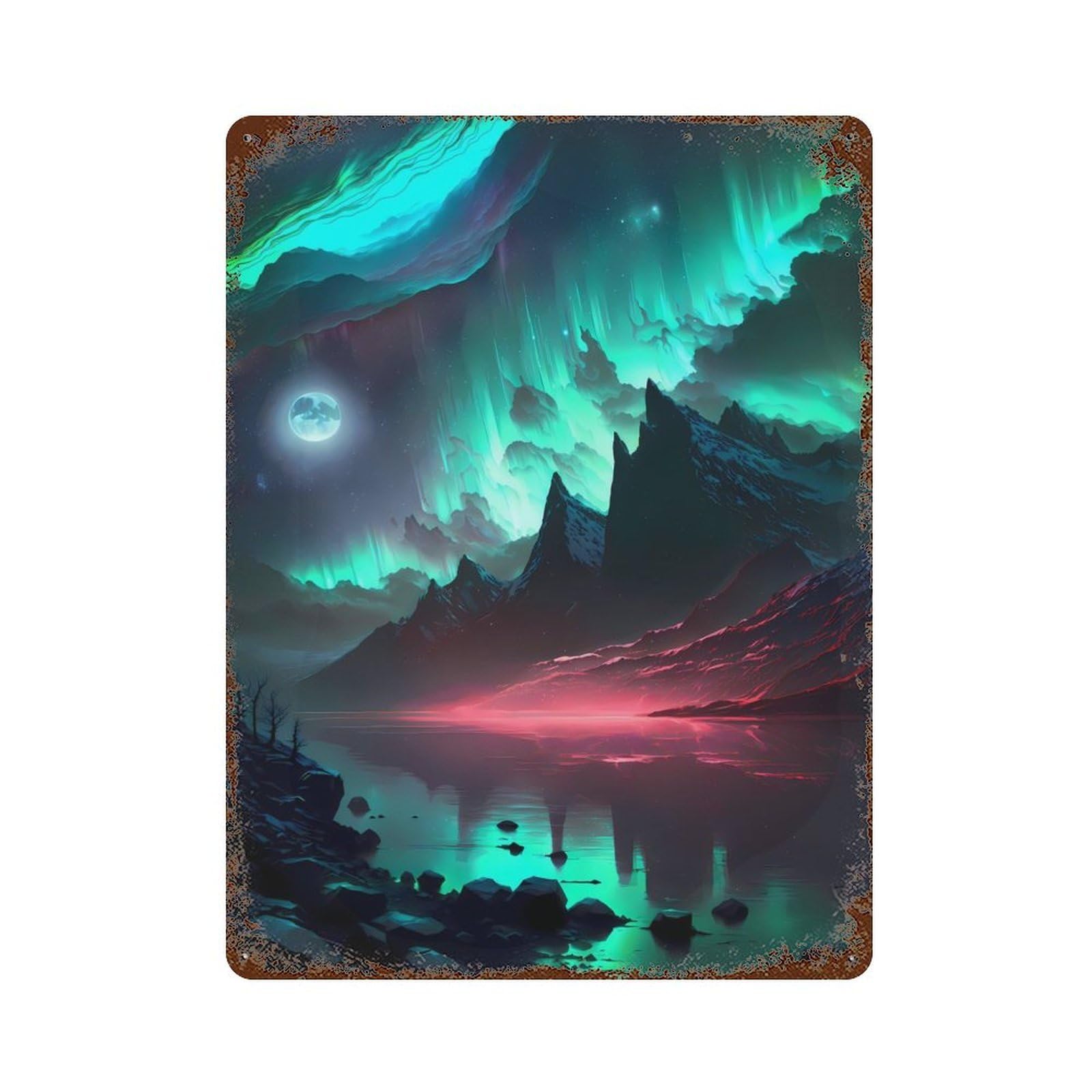 Aurora Moon Night Rustic Tin Plaque 15.7"x11.8", Ideal for Shed, Workshop And Garage Wall Decor