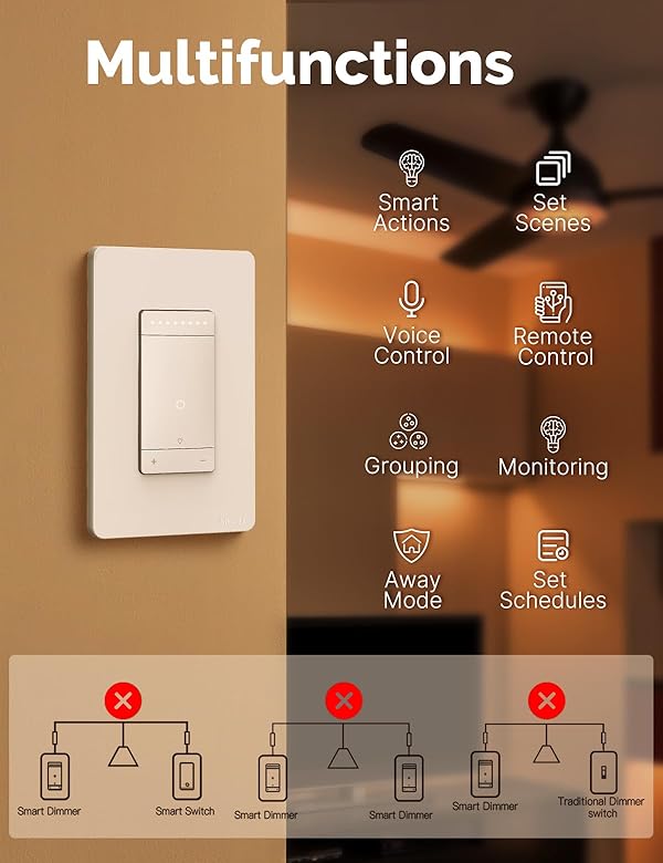 MOES 3 Way Smart Star Ring Dimmer Switch, 2.4GHz WiFi Dimmable Light Switch,Neutral Wire Required, Smart Life APP Remote Control, Works with Alexa & Google Assistant, Timer & Schedule White 1 Gang by MOES - Image 2