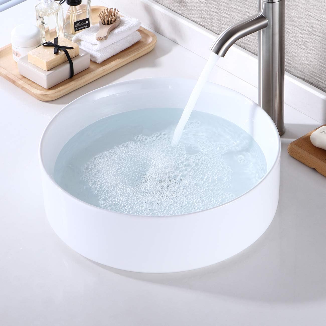 KES Bathroom Vessel Sink, Round Vessel Sink Circle for Bathrooms 16 Inch Round Above Counter White Ceramic Countertop Sink for Cabinet Lavatory Vanity, BVS121 Round Shape