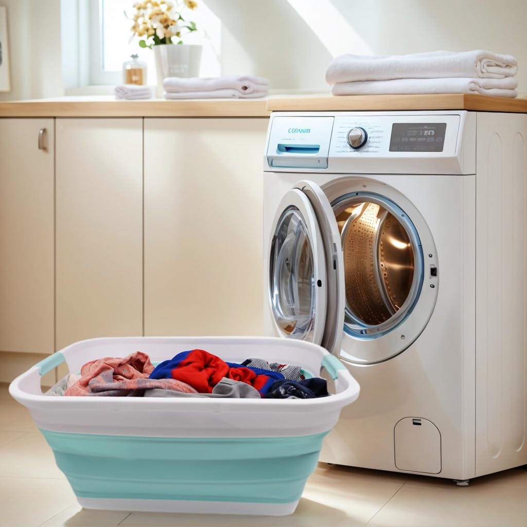 SAMMART Cesta plegable de plástico para la colada – Contenedor de almacenamiento plegable – Bañera portátil – Cesta de ahorro de espacio (blanco / verde lago, 2)