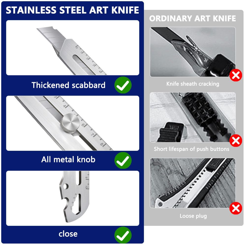 Cuters Profesionales Retractil de Seguridad 2 Piezas, 2024 Cúter Profesional de Acero Inoxidable 6 en 1 con 10 Cuchillas (18mm), Cuchillo para Alfombras Multiusos Multifuncional para Bricolaje