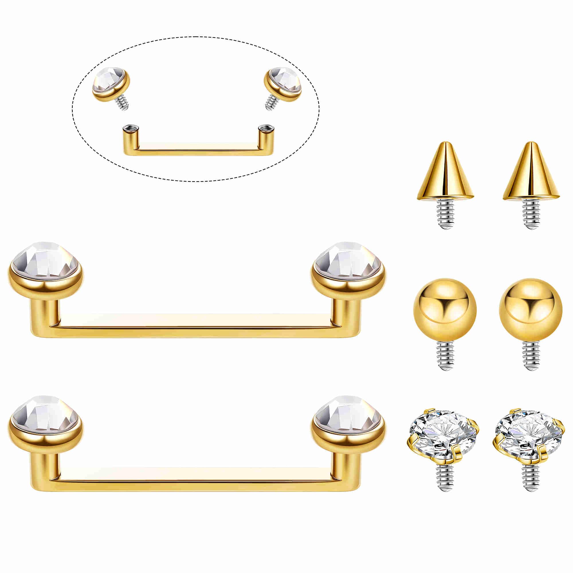 2PCS 14G G23 Pure Titanium Staple Surface Piercing Jewelry Flat Bar Internally Threaded Double Staple Barbells for Surface with 6 PCS Replacement Balls CZ Snake Eye Tongue Piercing 12-16MM