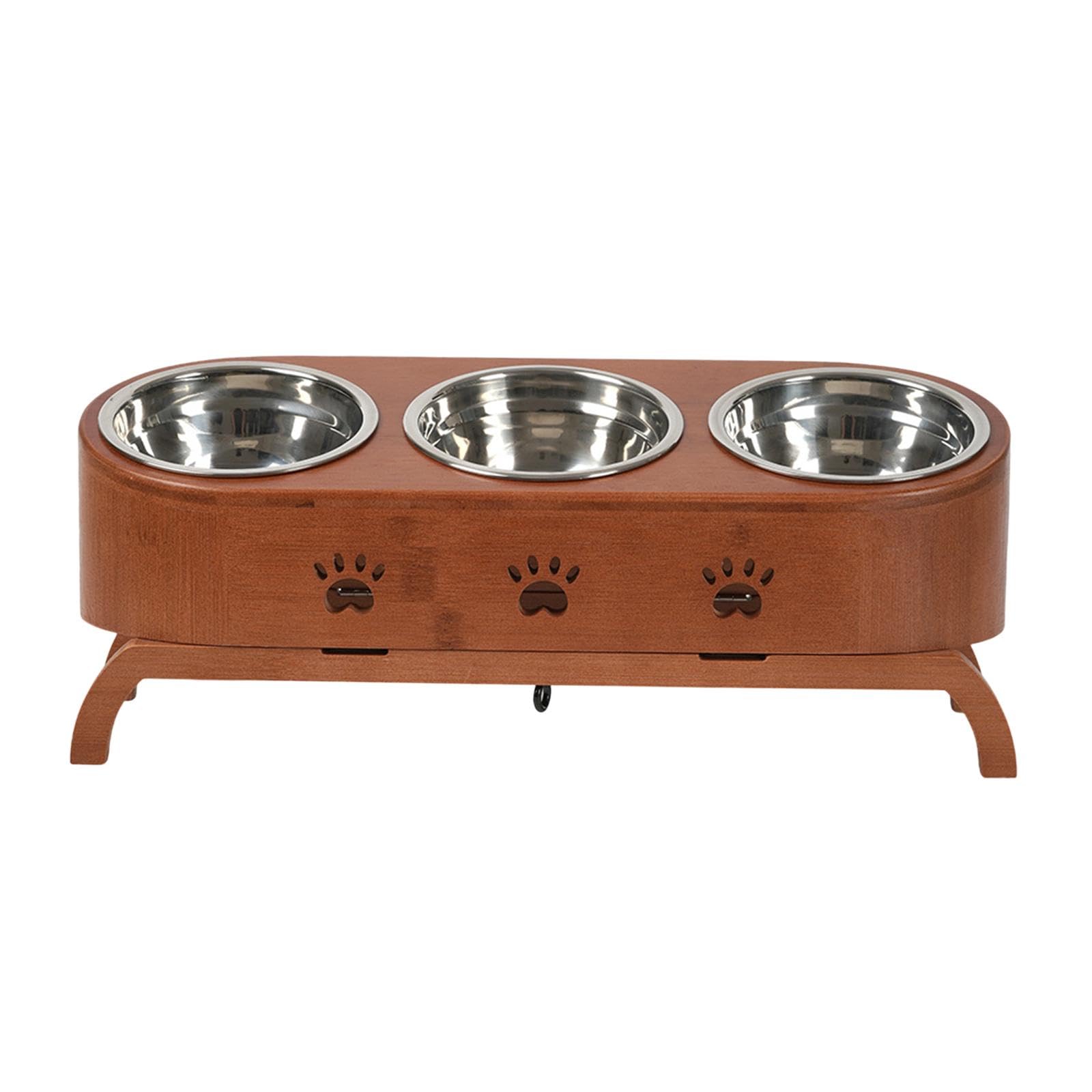 Harilla Elevated Cat Bowls Food Dish, 3 Stainless Steel Bowls for Cats and Puppy, Wooden Stand Pet Feeder, Food and Water Bowl