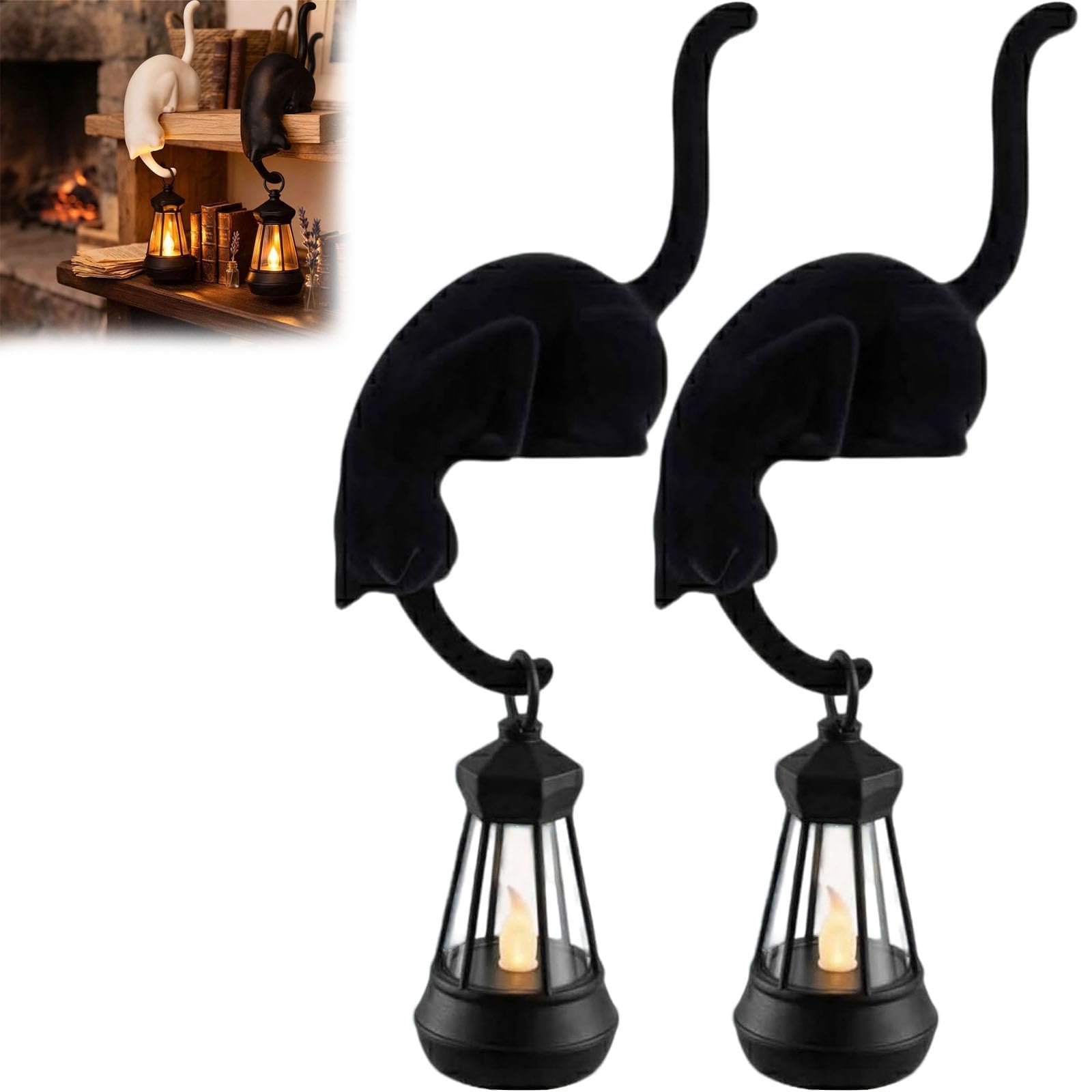 Cat with Lantern Shelf Decor Library Lantern Bookshelf Lamp Cute Cat Hook Shelf Decor Gift for Cats Lovers Home Decor (Black*2)