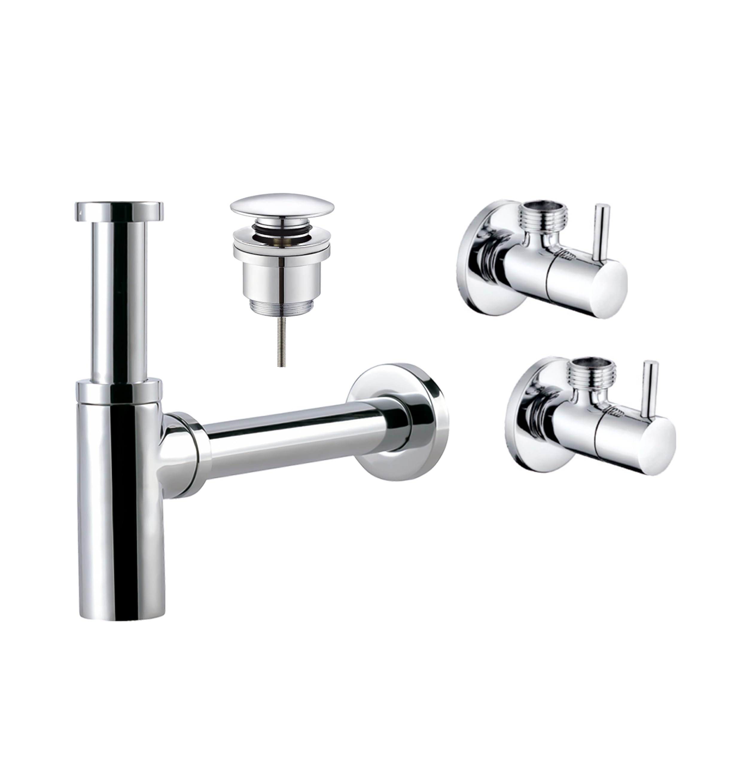 Sifón Cromado con Válvula Clic Clac y Llaves 1/2" x 3/8" para Lavabo