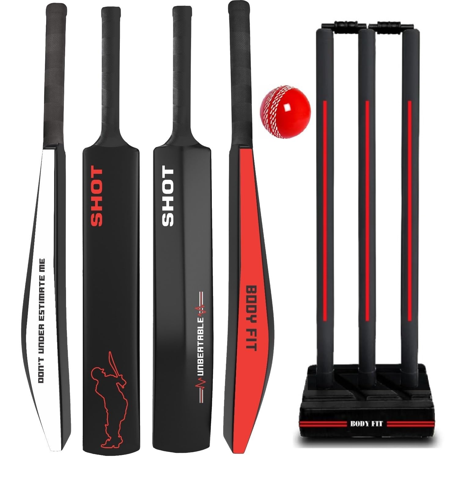 Bodyfit Heavy Duty Plastic Premium Cricket Kit Set | Lightweight| Full Size| | Hard Plastic Bat| Premium Cricket Wicket Set l 3 Stumps+2 Bails+1 Stand Set, 1 Ball. (Black-Red)