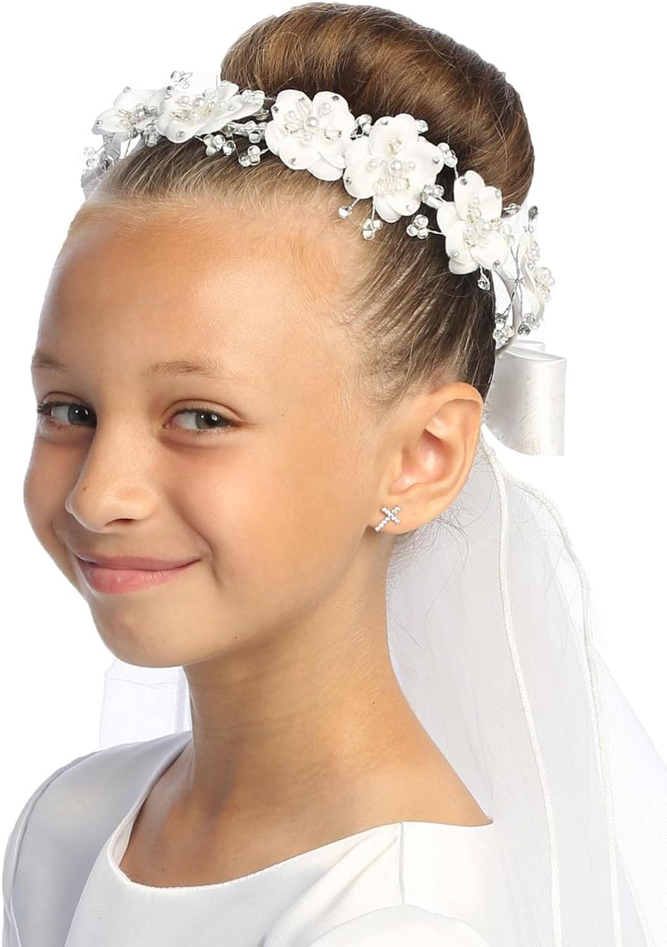 Pink Princess Holy First Communion Veil for Girls 7-16 - White veil for kids - 1st Communion Veils for Girls - Velos para Primera Comunion