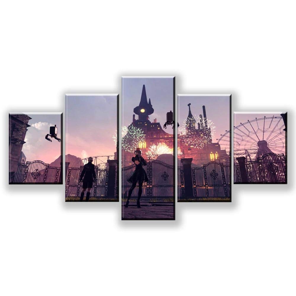 BAOJIAN 5 canvas prints 5 Pieces Game NieR Automata Poster HD Print Wall Art DecorPicture Canvas Amusement Park Fireworks Painting5 Prints on Canvas