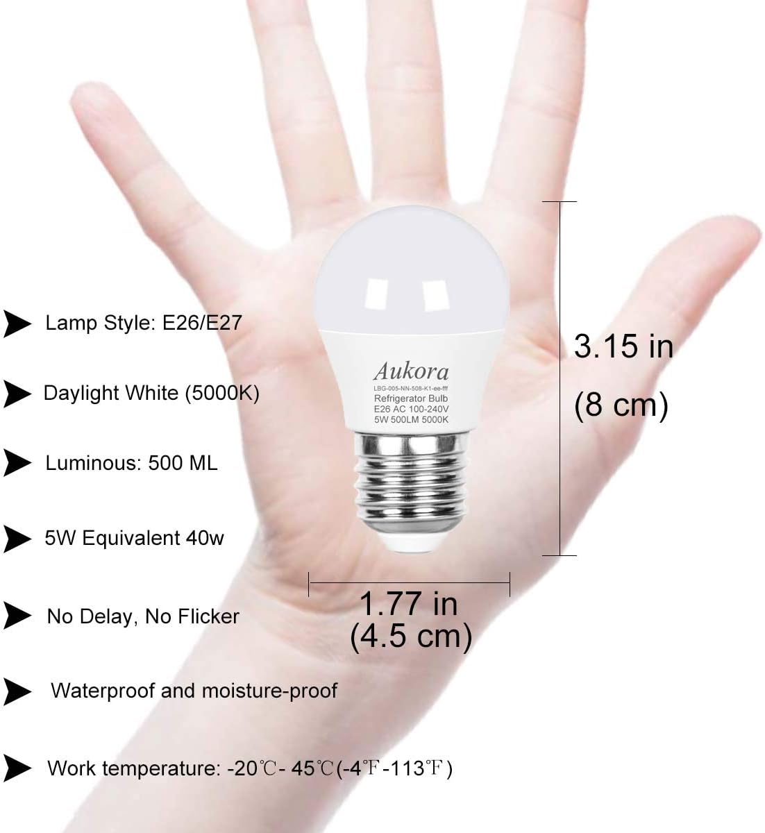 Aukora 5W Led Refrigerator Light Bulb, Equivalent 40w 120v Appliance Light Bulb Waterproof Daylight White 5000K 500LM A15 Fridge Light Bulb Not-Dim E26 Medium Base Energy Saving Freezer Bulb(2 Pack)