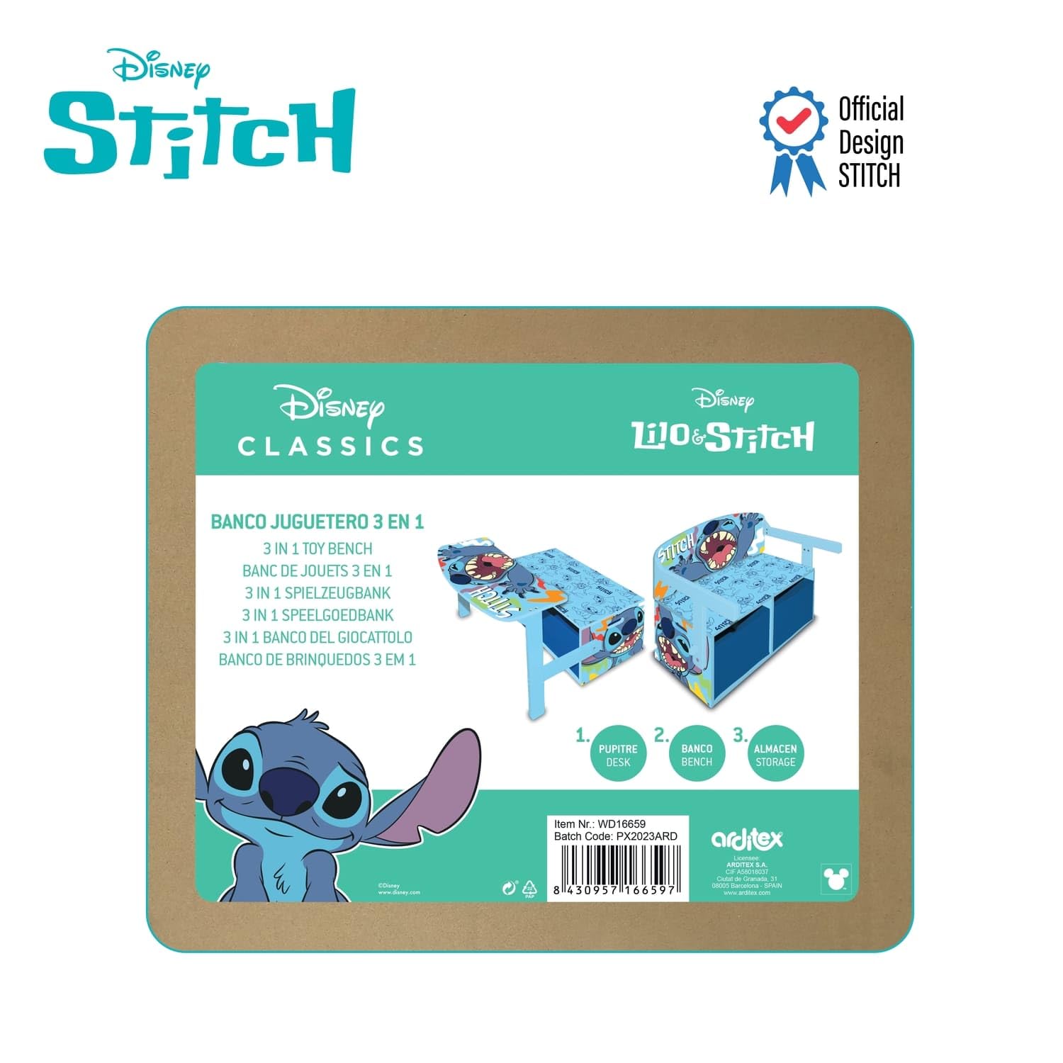 ARDITEX - Banc pupitre en Bois pour Enfants Convertible en Bureau avec Espace de Rangement inférieur Stitch de Disney - 60x47x56cm - Couleur Bleu et Turquoise - Idéal pour Chambre d’Enfant