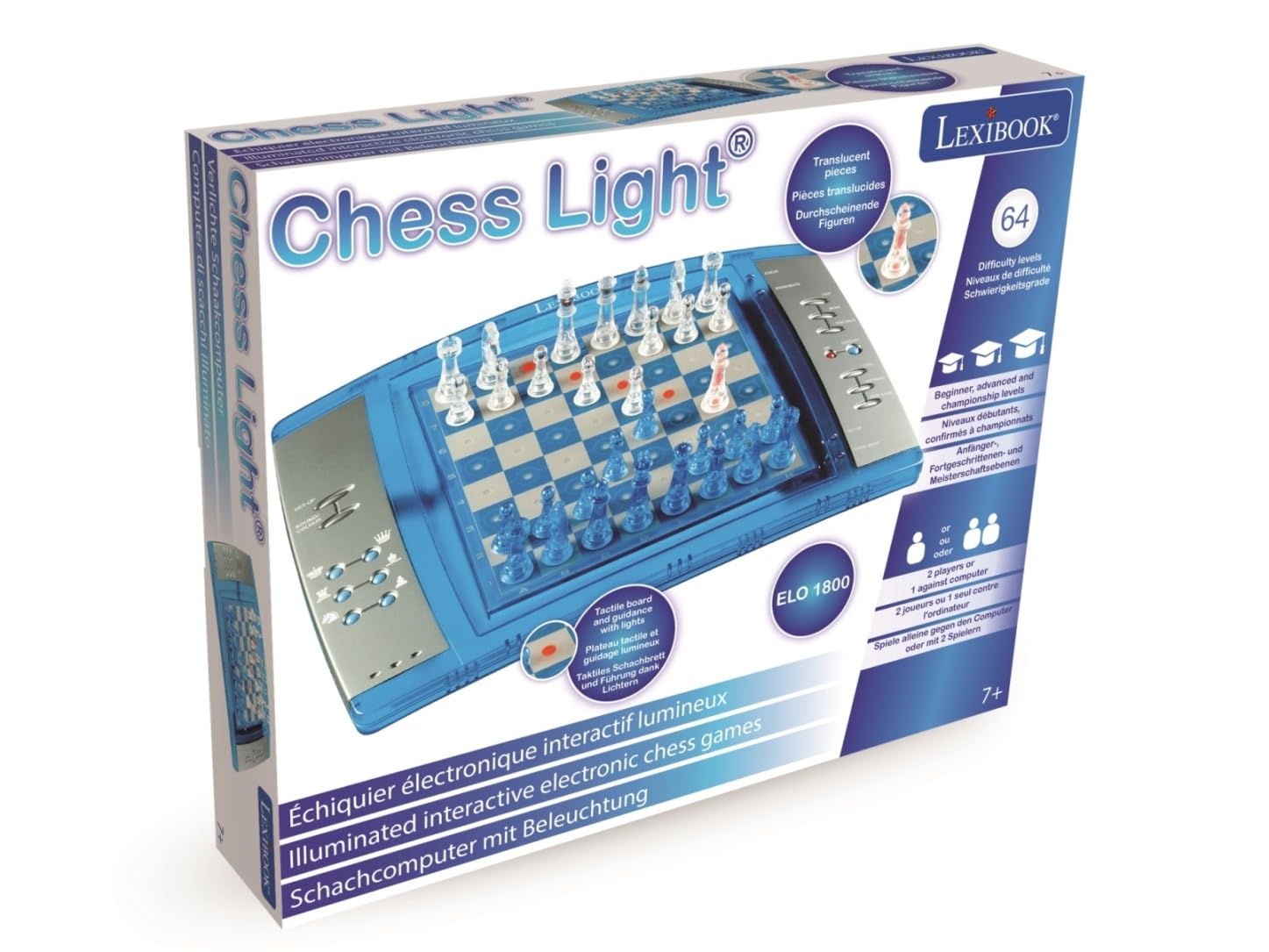 Lexibook ChessLight®, Gioco degli Scacchi elettronico con tastier Sensitive e Luce e Effetti sonori, 32 Pezzi, 64 Livelli di difficoltà, Batterias o Adattatore, Blu/Argento, LCG3000_04