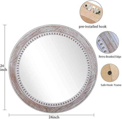 Miniatura 6 de Espejo redondo de 24 pulgadas, espejos circulares de madera boho con cuentas, espejos decorativos de pared para entrada, baño, dormitorio, sala de