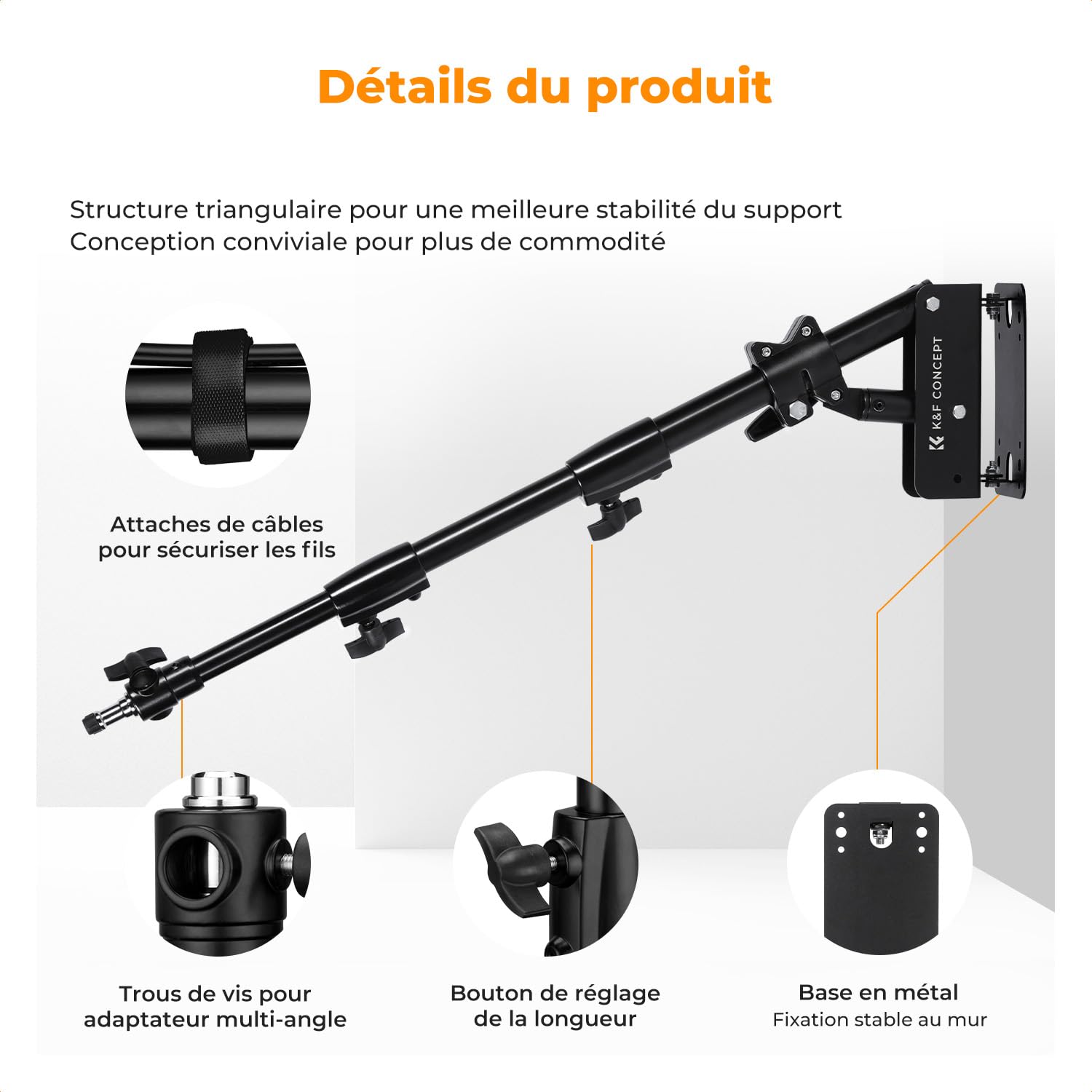 K&F CONCEPT Support Mural 130cm pour Photographie Streaming | Métal robuste, bras rotation 180°, adaptateur 3/8-1/4, streaming vidéo studio, TL08