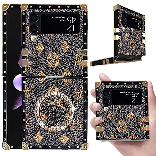 for Samsung Galaxy Z Flip 3 5G Square Case Non Slip Shockproof Slim TPU Full Protection Retro Elegant Luxury Leather Case with Kickstand for Samsung Galaxy Z Flip 3 5G(Brown)