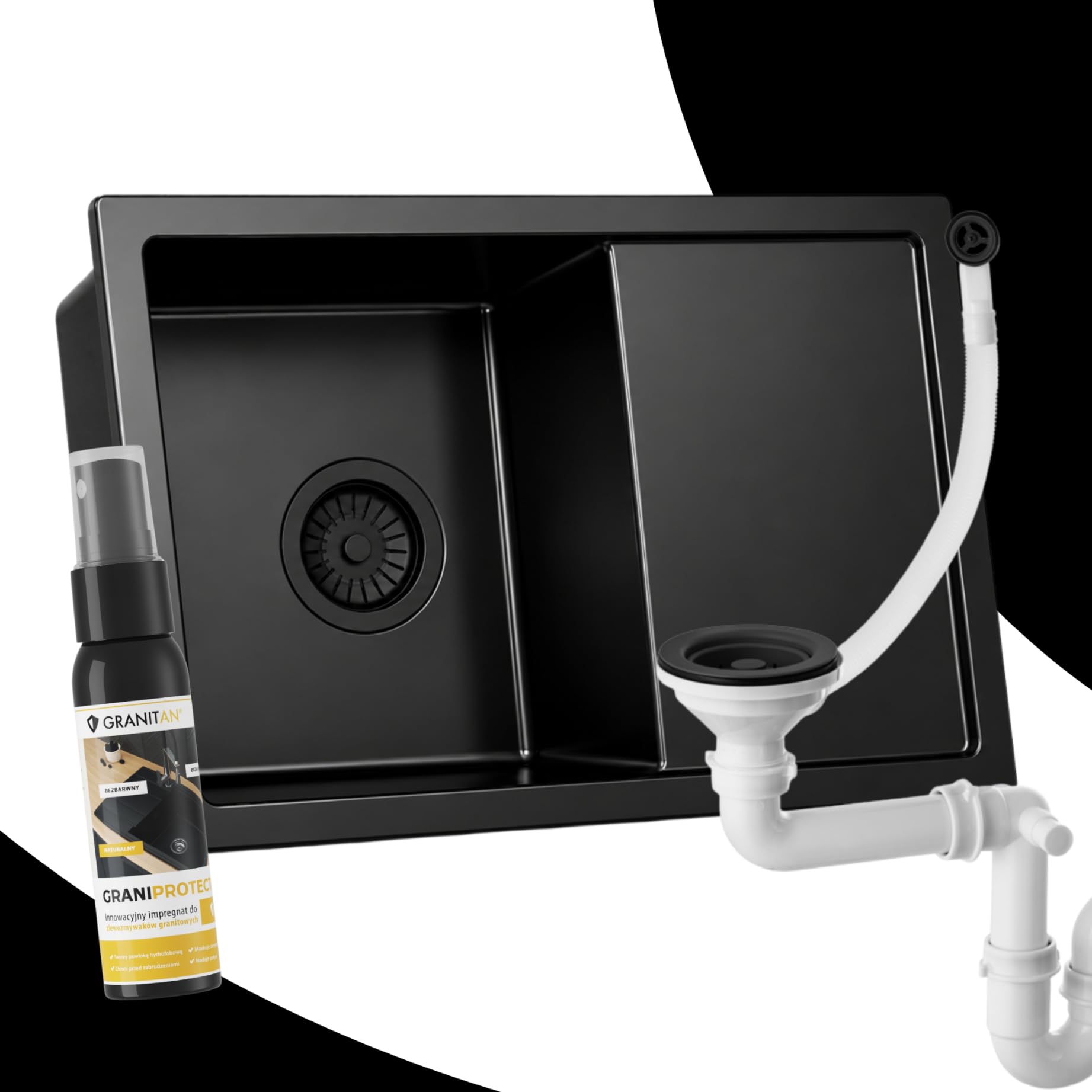 Granitan Spülbecken mit Siphon 65 x 50, Schwarz | Küchenspüle, Ausgussbecken, Spüle mit Armatur Set, für Garage Keller Werkstatt und Waschküche, Universal Waschtrog
