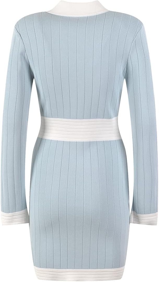 Miniatura 8 de Vestido de punto largo de manga larga con cuello en V, mezcla de lana, color contrastante, elegante y elegante