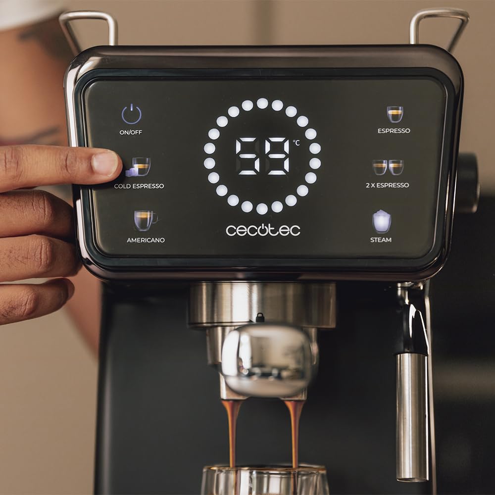 Cecotec Power Espresso 20 Coffee Maker, Pressure 20 Bar, 1.5 L, Double Exhaust Arm, Steamer, Surface Warmers, Digital Control, Stainless Steel Finishings, 850W, Black/Silver : Cecotec