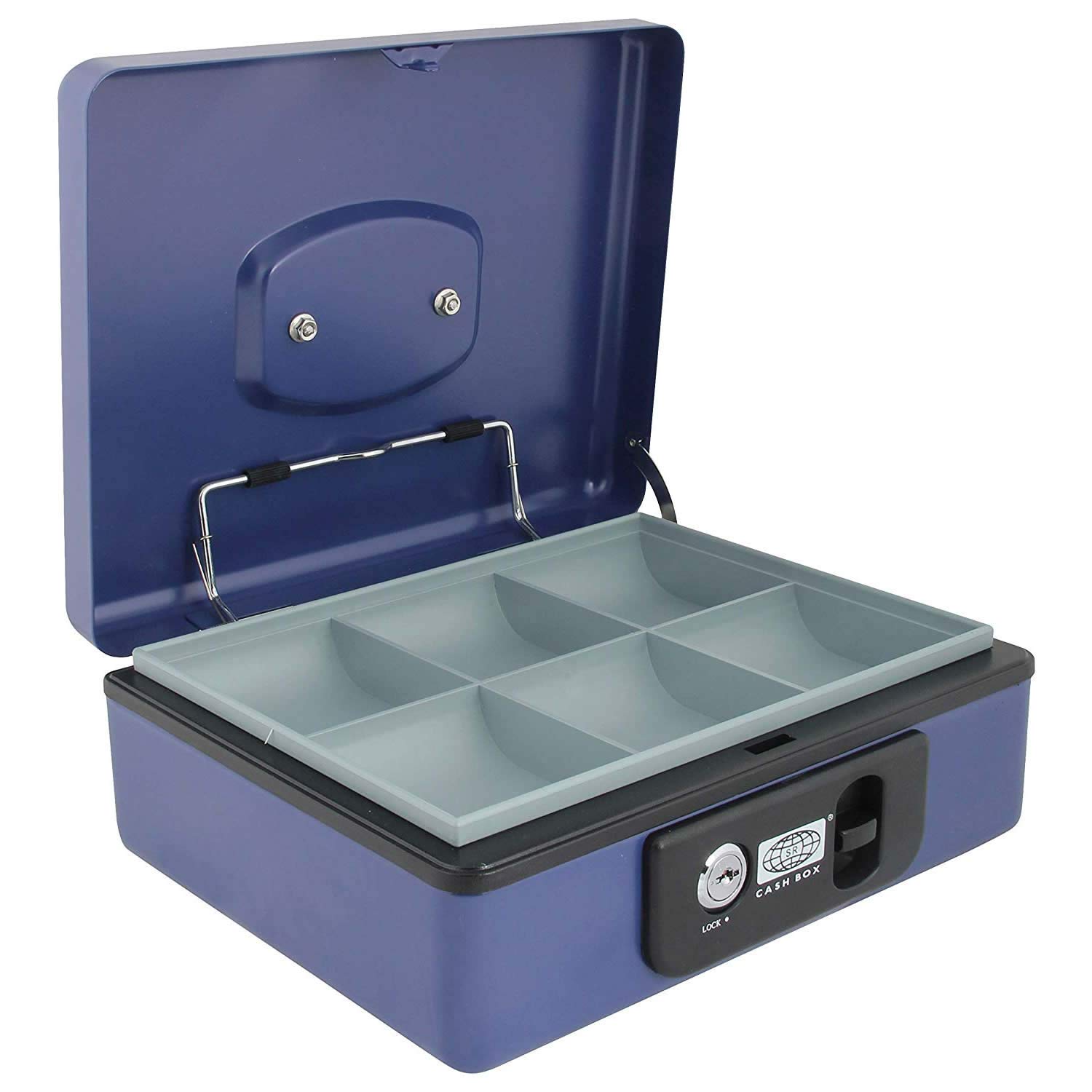 oddpod™ SR Taiwan Imported Metal Cash Box/Safe Locker Box for Jewellery, Money Box for Cash with Plastic Coin Storage Tray (Large Size) - Blue