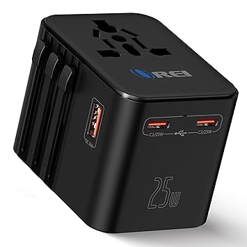 OREI 25Watt Universal Charger Adapter | 2X USBC 1XUSB A - 4-in-1 International Travel Adapter | 10 Years Warranty | Universal Travel Adapter Compatible 150+ Countries | Type C, A, G, I Compatible