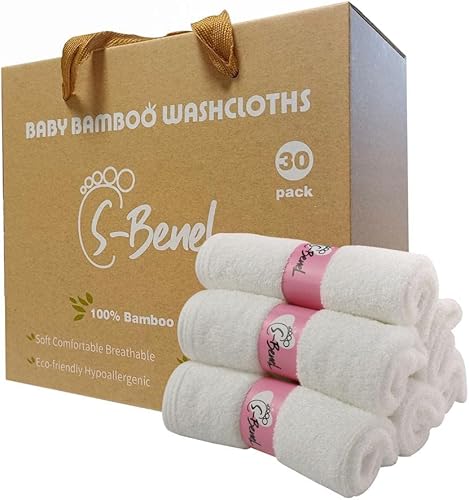 S-BENEL - Toalla de baño orgánico para bebés, hipoalergénica, paquete de 30 unidades, 2 capas súper suaves, súper absorbentes, ecológicas,