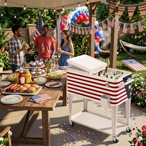 Image of VINGLI Rolling Ice Chest, Portable Patio Party Bar Drink Cooler Cart, with Shelf, Beverage Pool with Bottle Opener